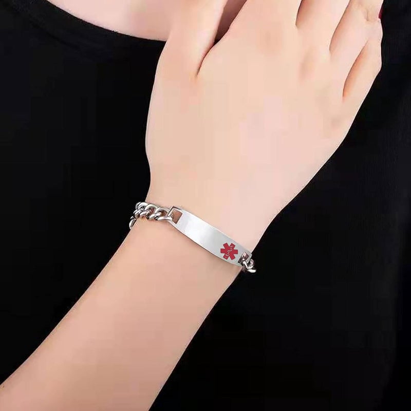 TGLS Red Medical Alert Bracelet for Women Men Emergency First Aid Health Alert Engraved Adjustable Stainless Steel Chain Bracelets - Image 5